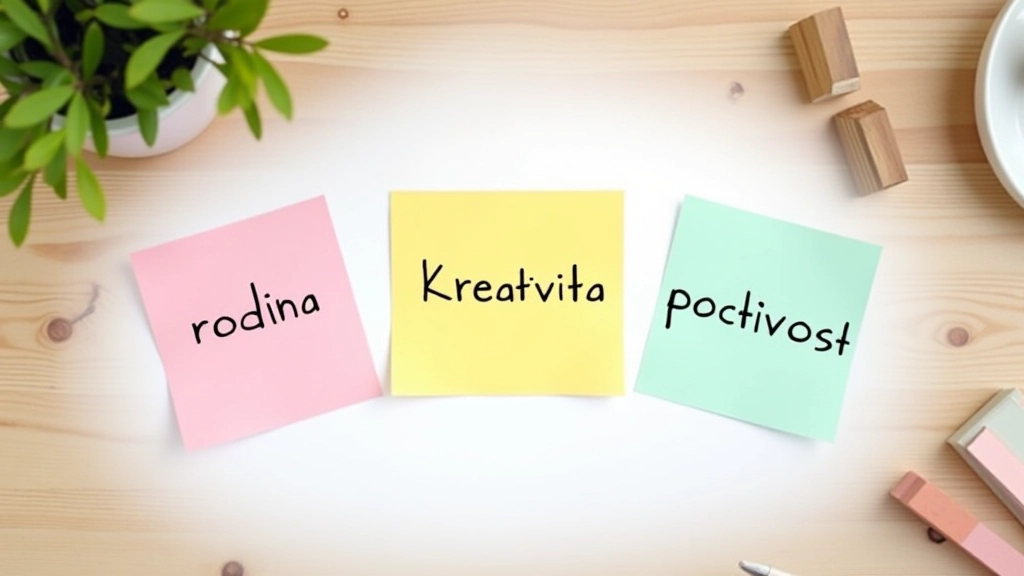 Tři barevné karty s příklady základních hodnot jako rodina, kreativita a poctivost