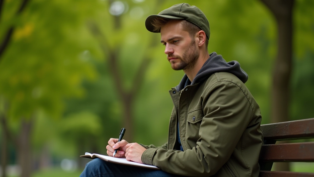 Mladý muž provádí sebekontrolu a poznámky v klidné venkovní přirozené prostředí