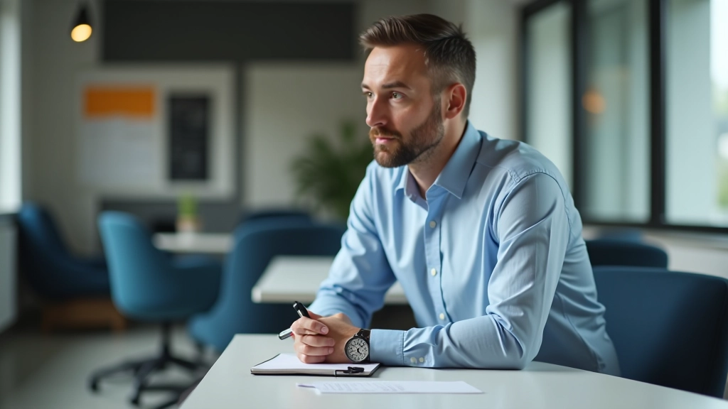 Muž v kanceláři sedí u svého stolu a provádí sebereflexi s deníkem