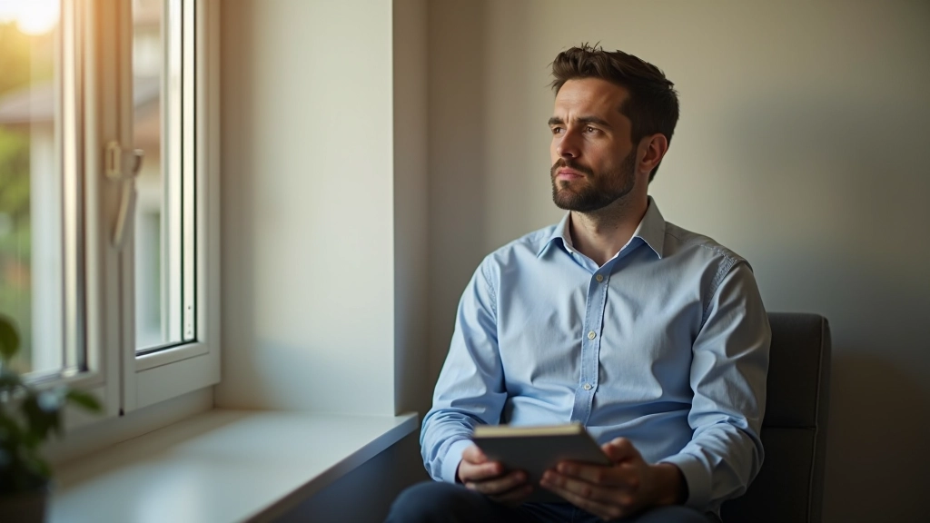 Osoba sedí u okna a přemýšlí, s blokem poznámek s rozhodovacím rámcem vedle sebe
