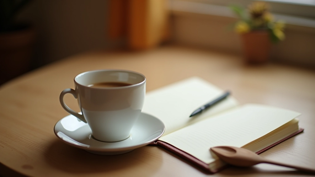 Čaj a otevřený deník na stolem s pérem v útulné domácí atmosféře