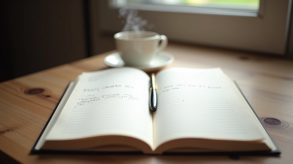 Ženský zápisník s psacím perem leží na dubovém stole s šálkem čaje