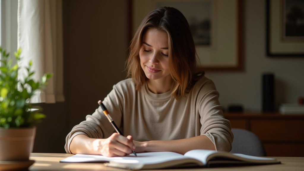 Osoba zapisuje myšlenky do deníku, stůl s čajem a rostlinou, ranní denní světlo, klidné domácí prostředí, jasné detaily