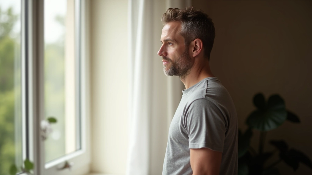 Osoba stojí v přirozeném postoji u okna s výhledem na krajinu, reflexivní výraz, denní světlo, domácí interiér, ostrý detail