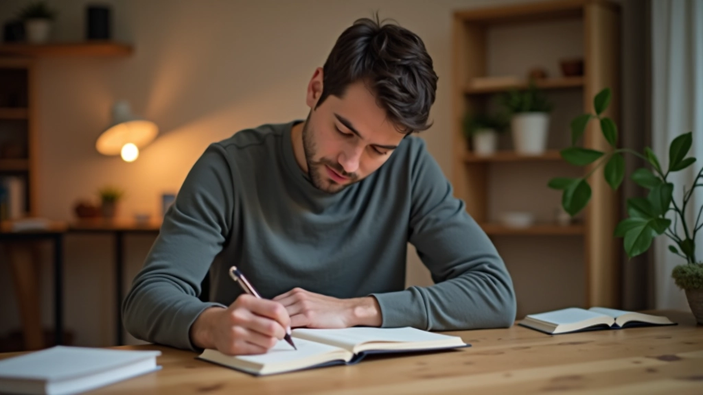 Osoba píše do deníku v klidné domácí místnosti s přirozeným osvětlením