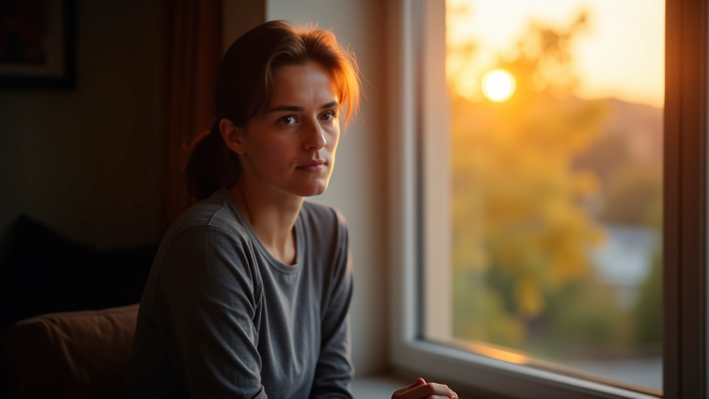 Osoba sedí u okna v podvečeru a přemýšlí o dni