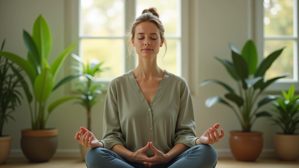 Osoba sedí v meditativní poloze v klidné místnosti s rostlinami a měkkým světlem
