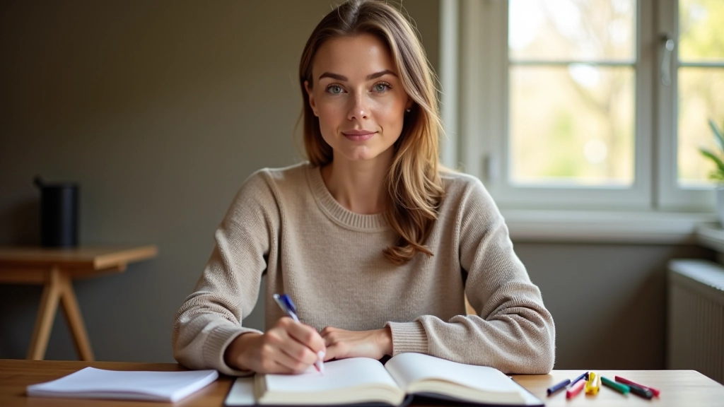 Žena zapisuje své osobní hodnoty do průhledného deníku s barevnými záložkami