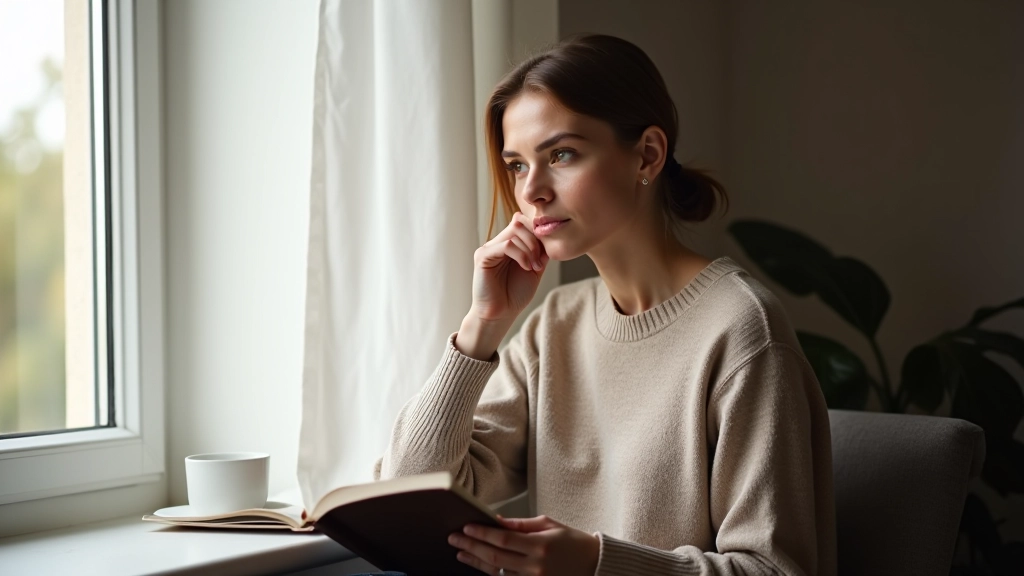 Osoba sedí u okna s notebookem a přemýšlí, přirozené světlo, klidná atmosféra vnitřního prostředí