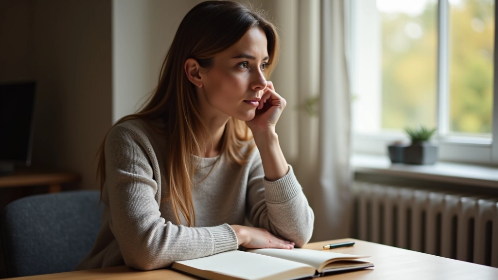 Žena sedí u stolu s deníkem a přemýšlí o svém růstu a rozhodnutích