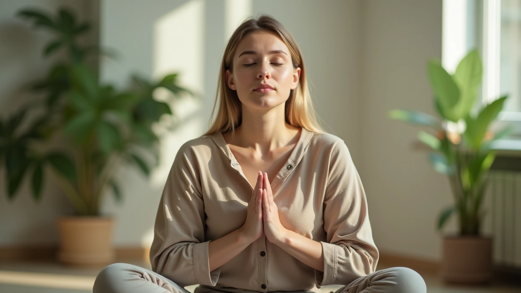 Žena v meditativní poloze v tiché místnosti s přirozeným osvětlením a pokojnou atmosférou