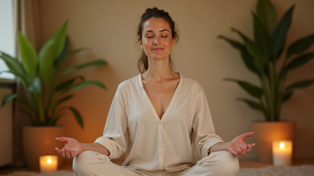 Žena provádí meditaci v tiché místnosti se svíčkami a rostlinami